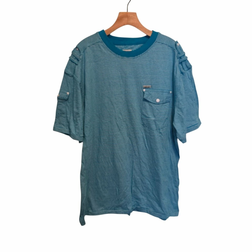 Vtg Smoke Rise T-Shirt‎ Vintage Look Turquoise Striped Pocket Epaulettes XL NEW
